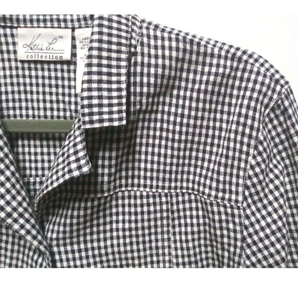 Kathie Lee Womens crop top Gingham plaid LINEN BLEND Sz S boxy collared buttons - Picture 3 of 5